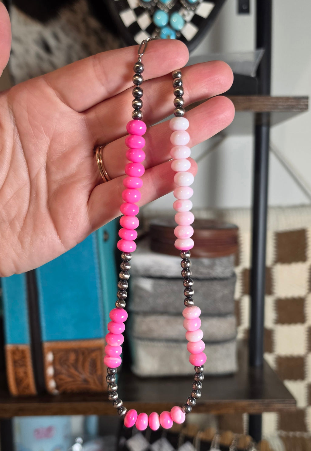 Sterling Pearls & Hot Pink Opal Necklace 16 inches
