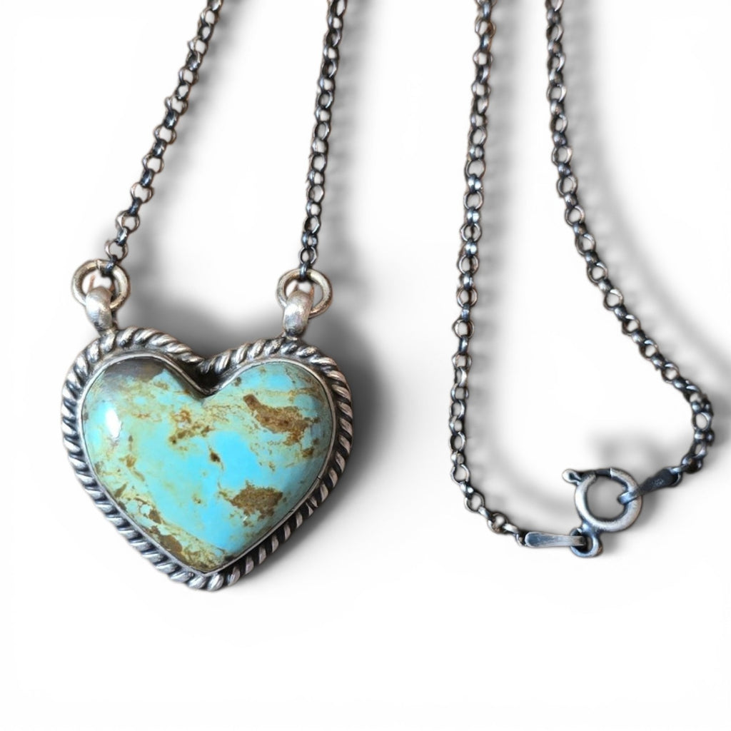 Native Made #8 Turquoise & Sterling Heart Necklace 16.75 inches (Large)