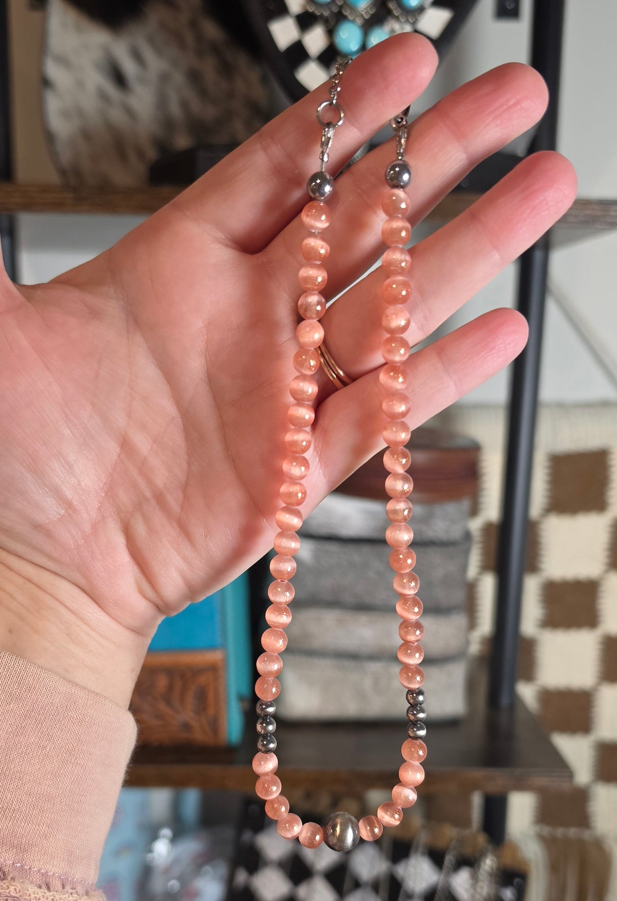 Sterling Pearls & Coral Selenite Necklace 15-16 inches