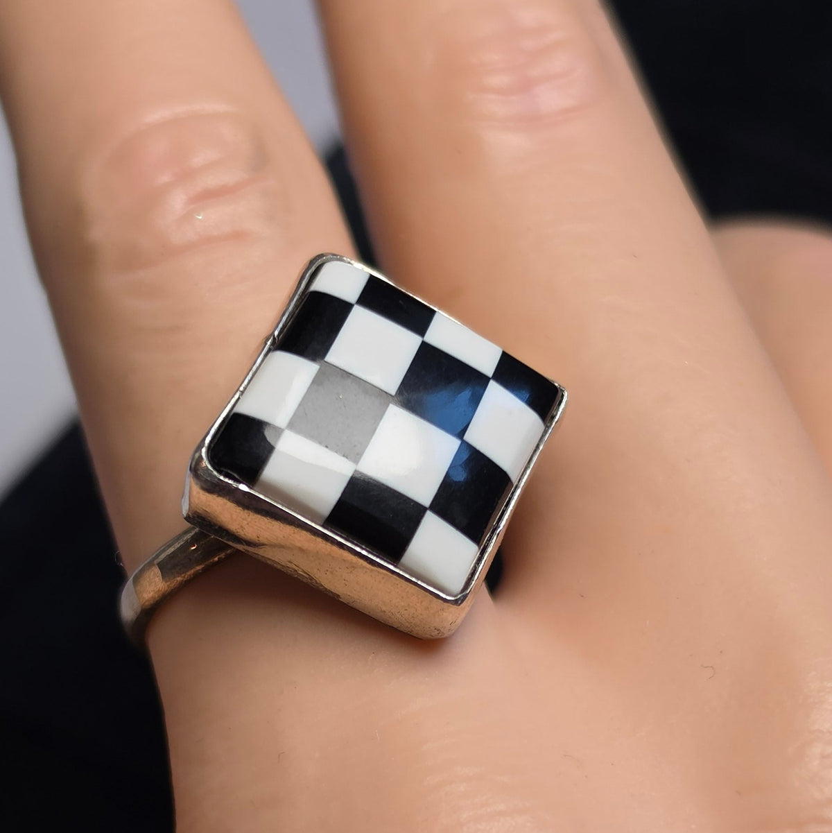 Native Made Checkered & Sterling Ring Size 8.5