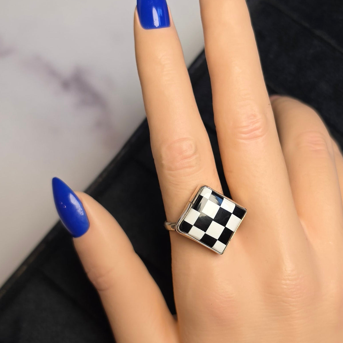 Native Made Checkered & Sterling Ring Size 8.5