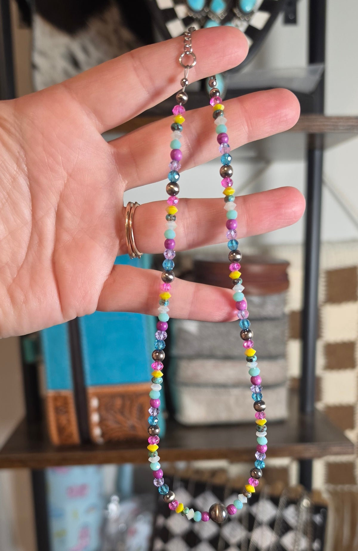 Sterling Pearls, Turquoise & Various Colorful Beads Necklace 15.5-17 inches