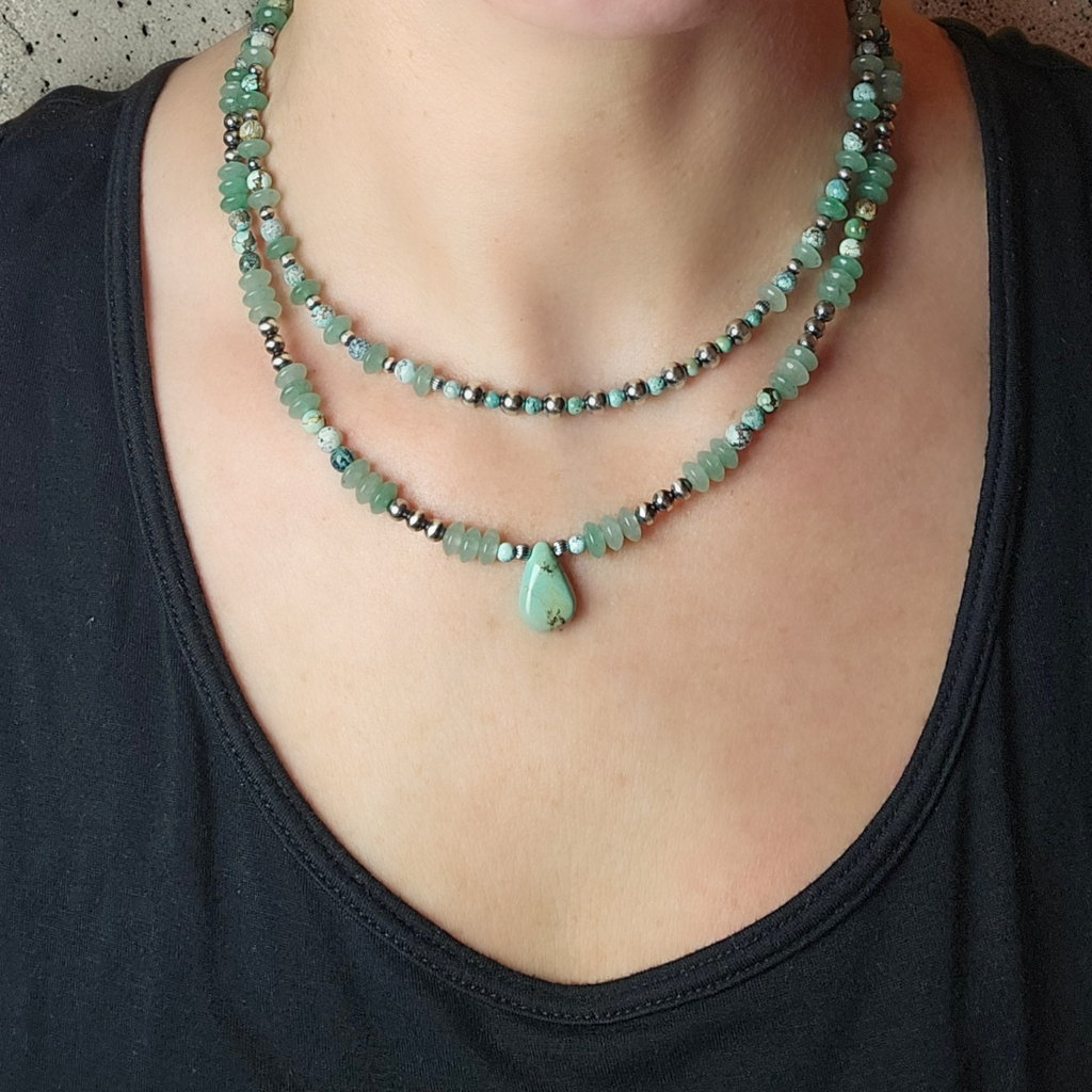 Hubei Turquoise, Sterling Pearls & Green Adventurine Necklace