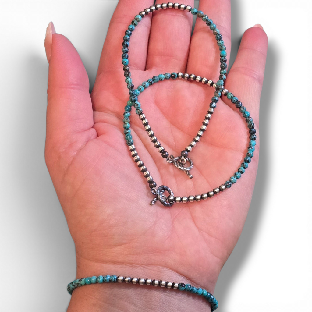 Turquoise & Sterling Pearl Bracelet 7 7/8 inches (toggle clasp)