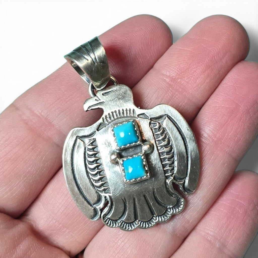 Native Made Kingman Turquoise & Sterling Bird Pendant