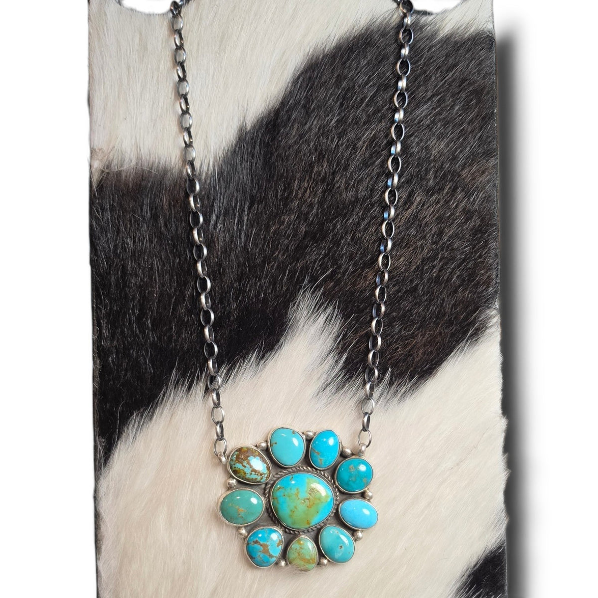 Native Made Kingman Turquoise & Sterling Cluster Necklace