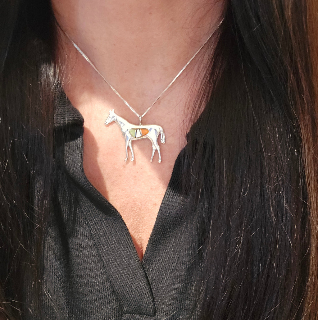 Joe Martinez Gaspeite, Mother of Pearl, Spiny & Sterling Horse Necklace