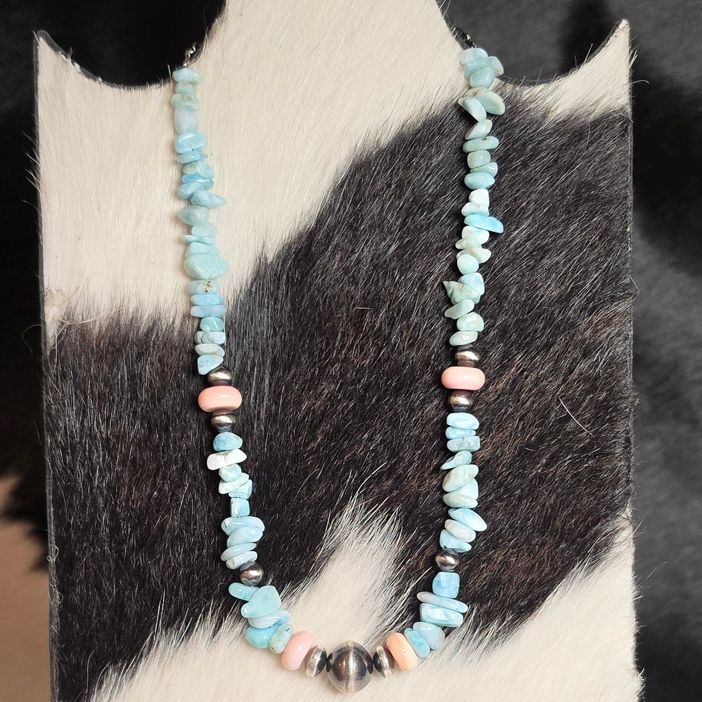 Navajo Pearl, Larimar, Pink Conch, Sterling Saucers & Sterling Pearls 14-16 inches