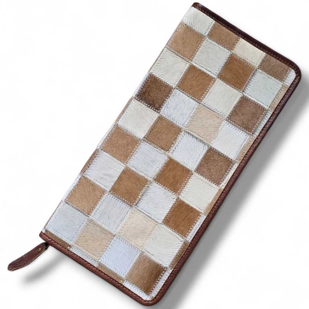 Large Brown/White Hide & Leather Checkered Jewelry Wallet