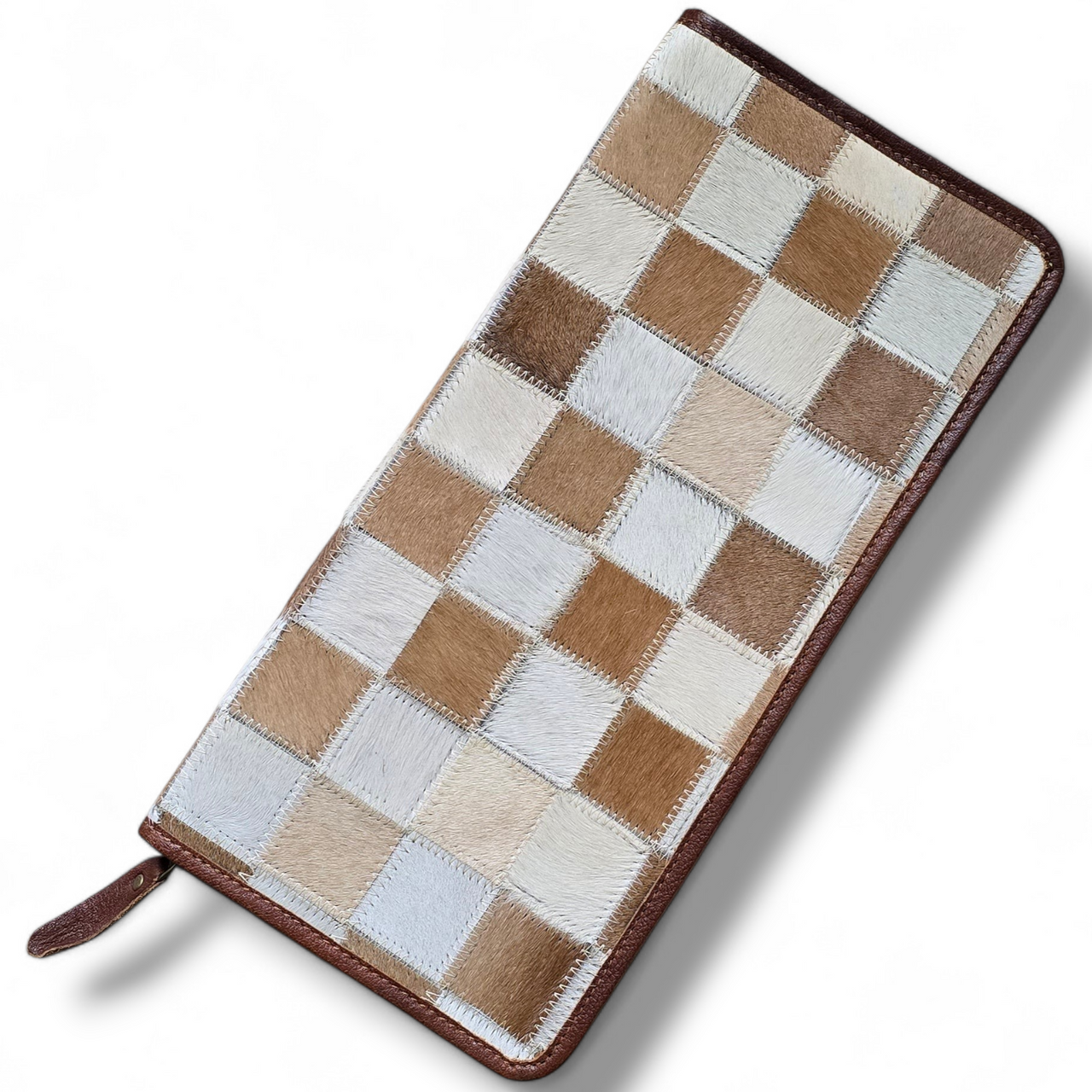 Large Brown/White Hide & Leather Checkered Jewelry Wallet