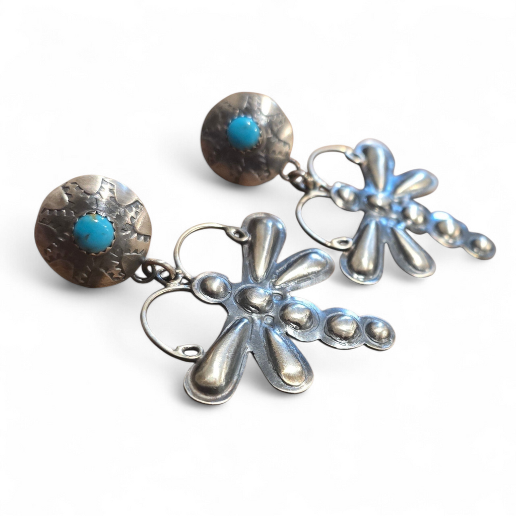 Sterling Repoussé & Turquoise Dragonfly Earrings