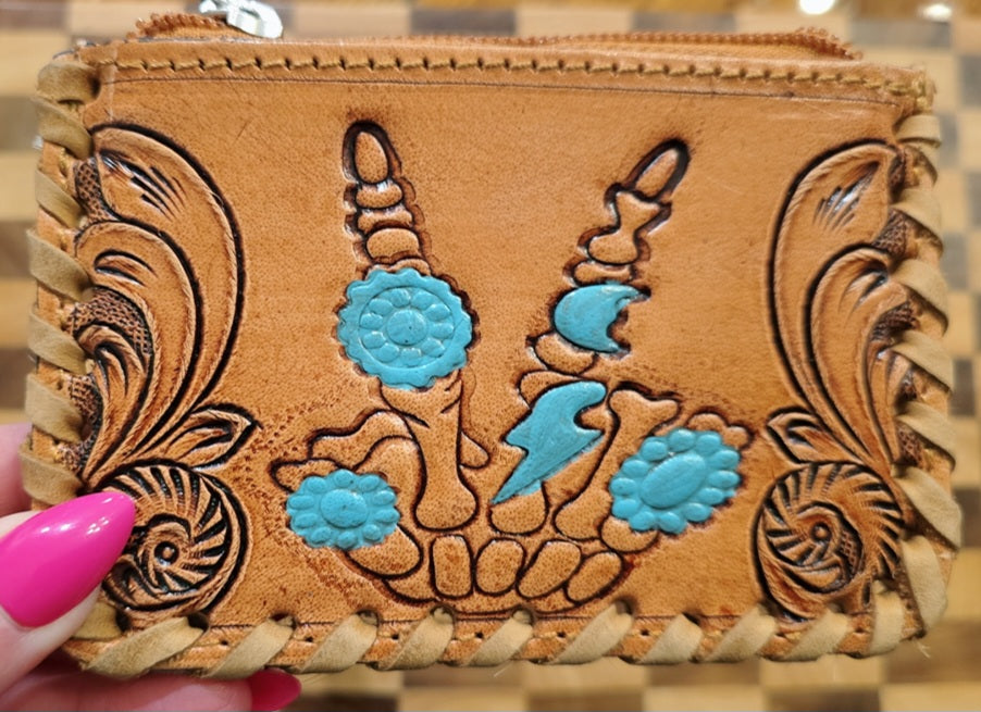 (Clearance) Hand Painted Tooled Leather & Hide Coin Purse