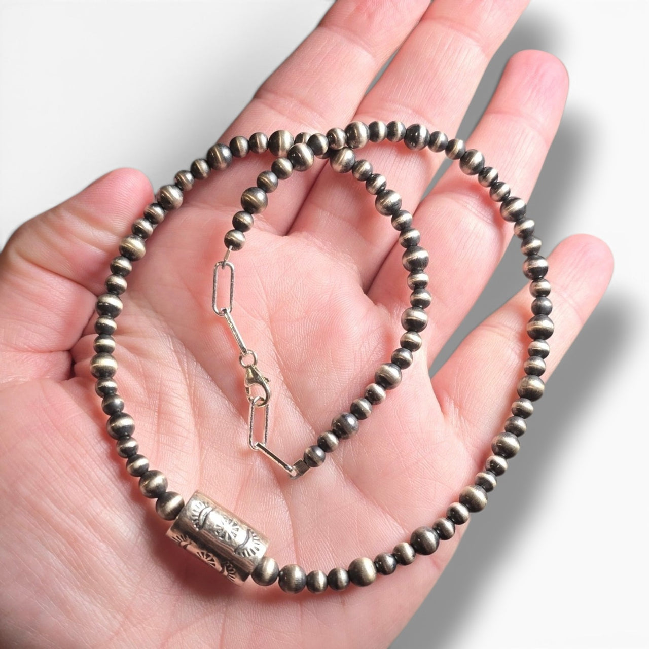 Sterling Barrel Bead Sterling Pearl Necklace