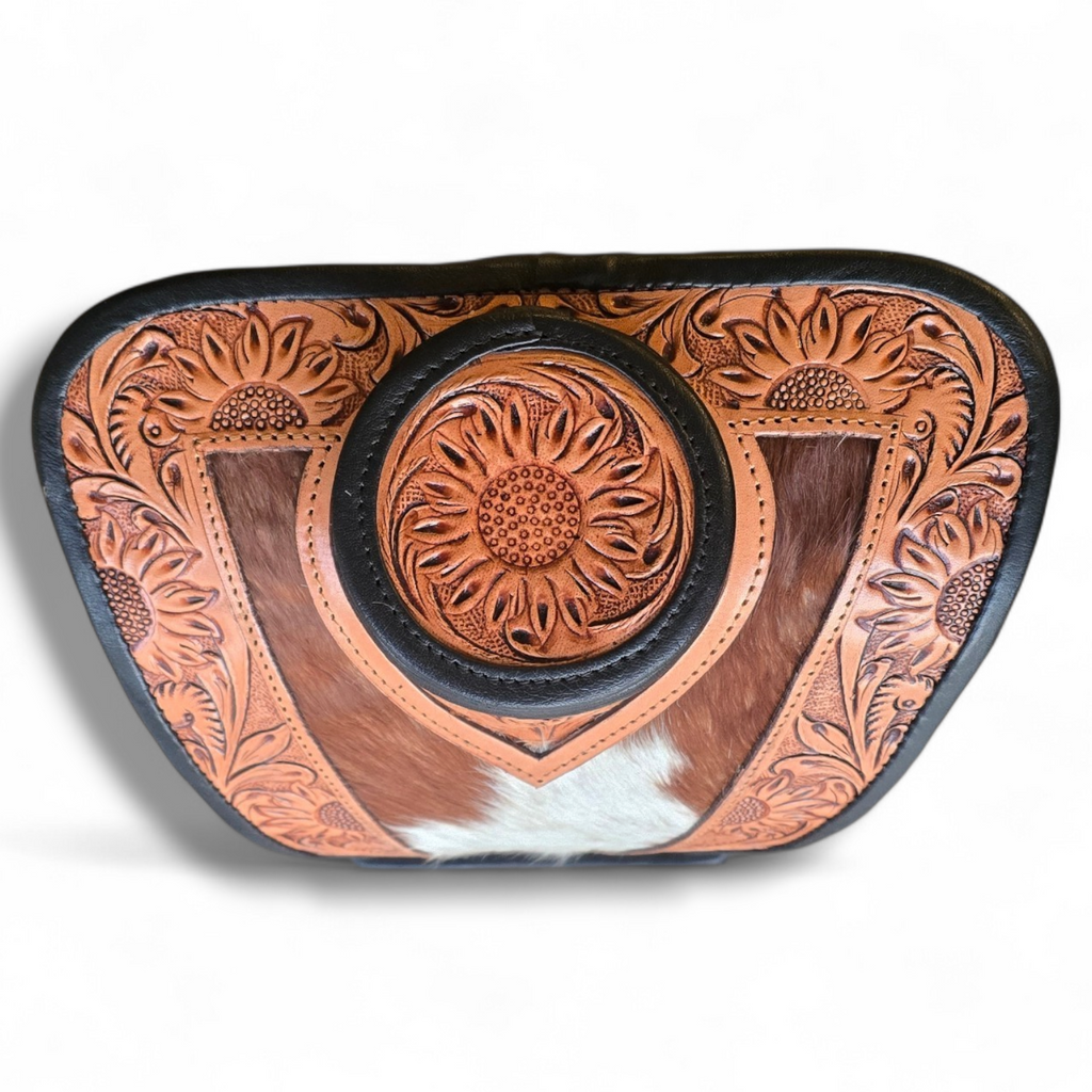 Brown Tooled Leather & Cowhide Necklace Display