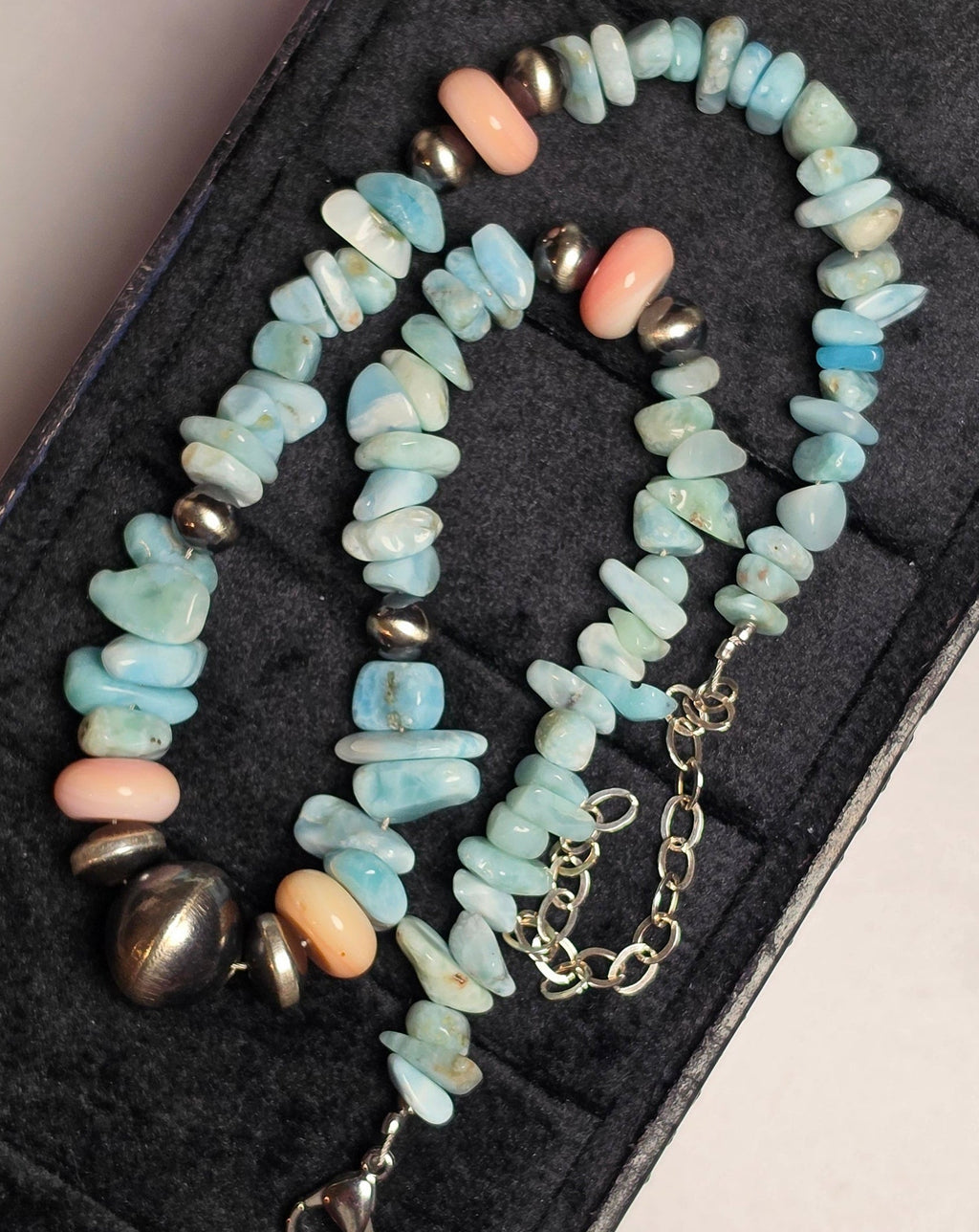 Navajo Pearl, Larimar, Pink Conch, Sterling Saucers & Sterling Pearls 14-16 inches