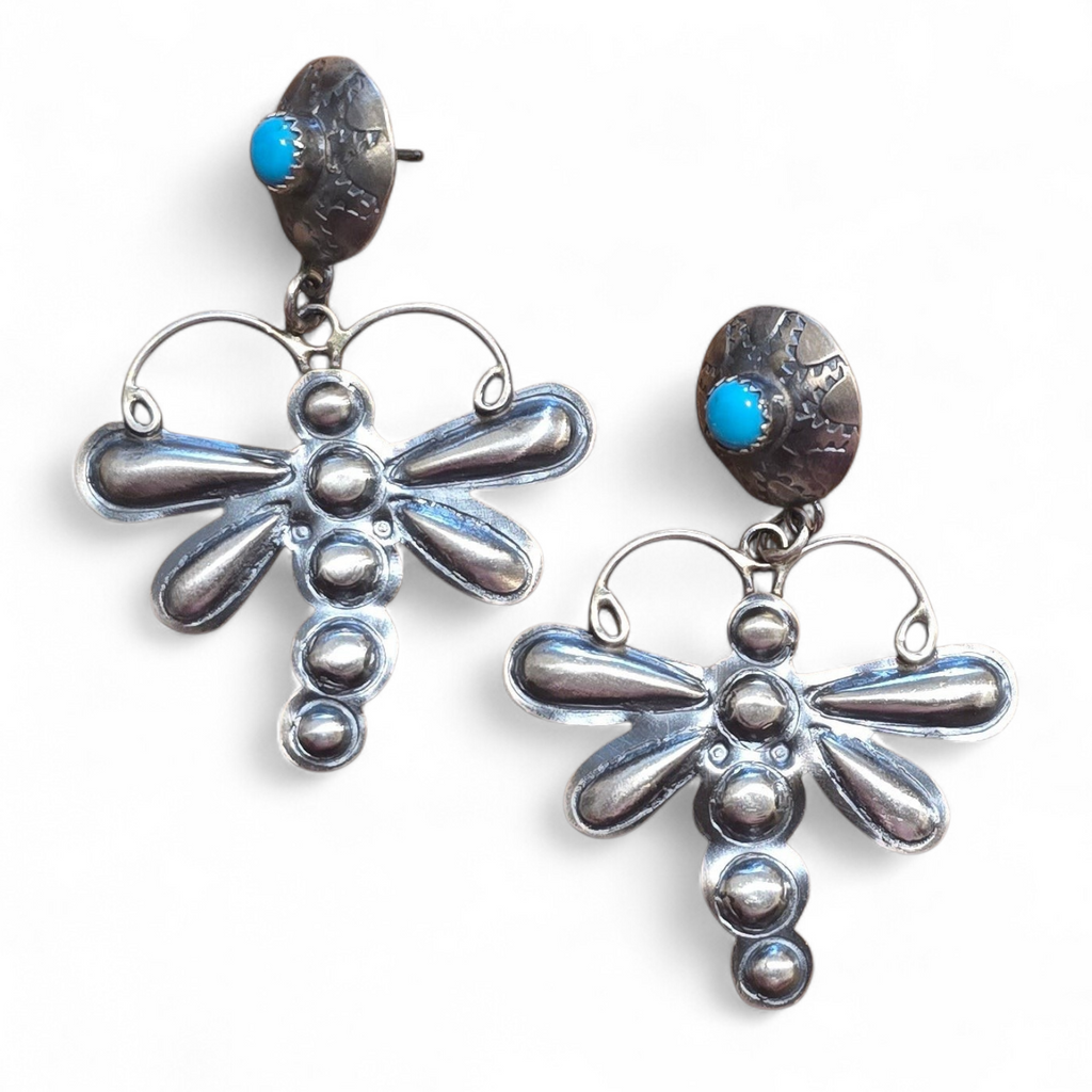 Sterling Repoussé & Turquoise Dragonfly Earrings