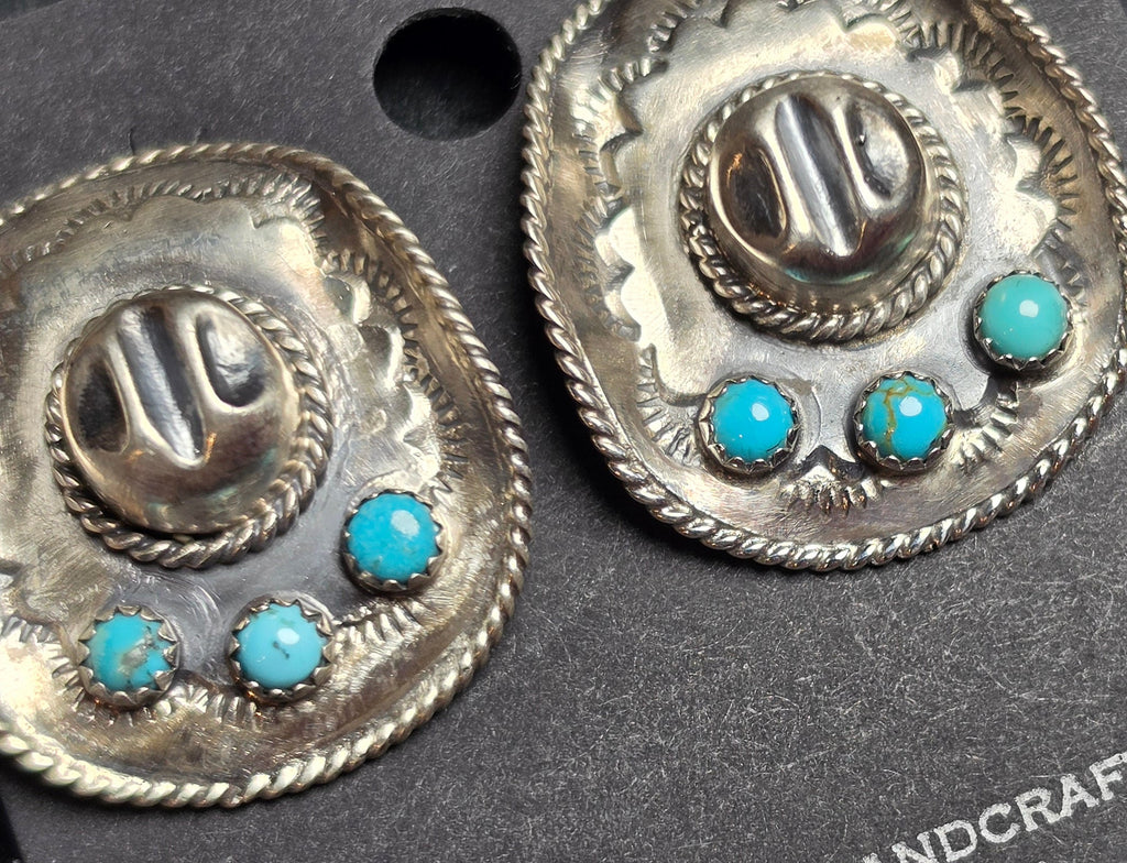 Native Made Kingman Turquoise & Sterling Cowboy Hat Earrings