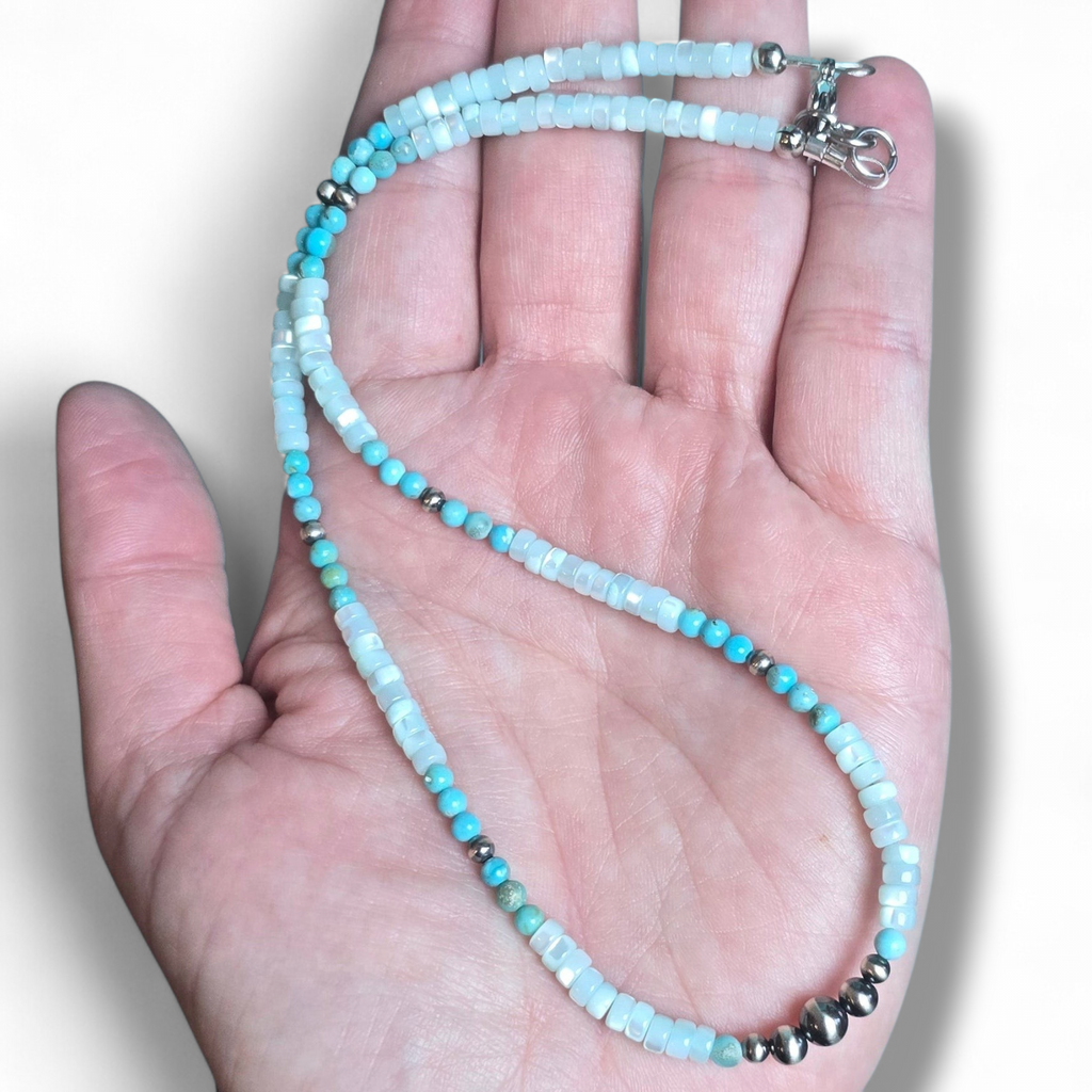 Turquoise, Blue Heishi Shell & Sterling Pearl Necklace 16 inch