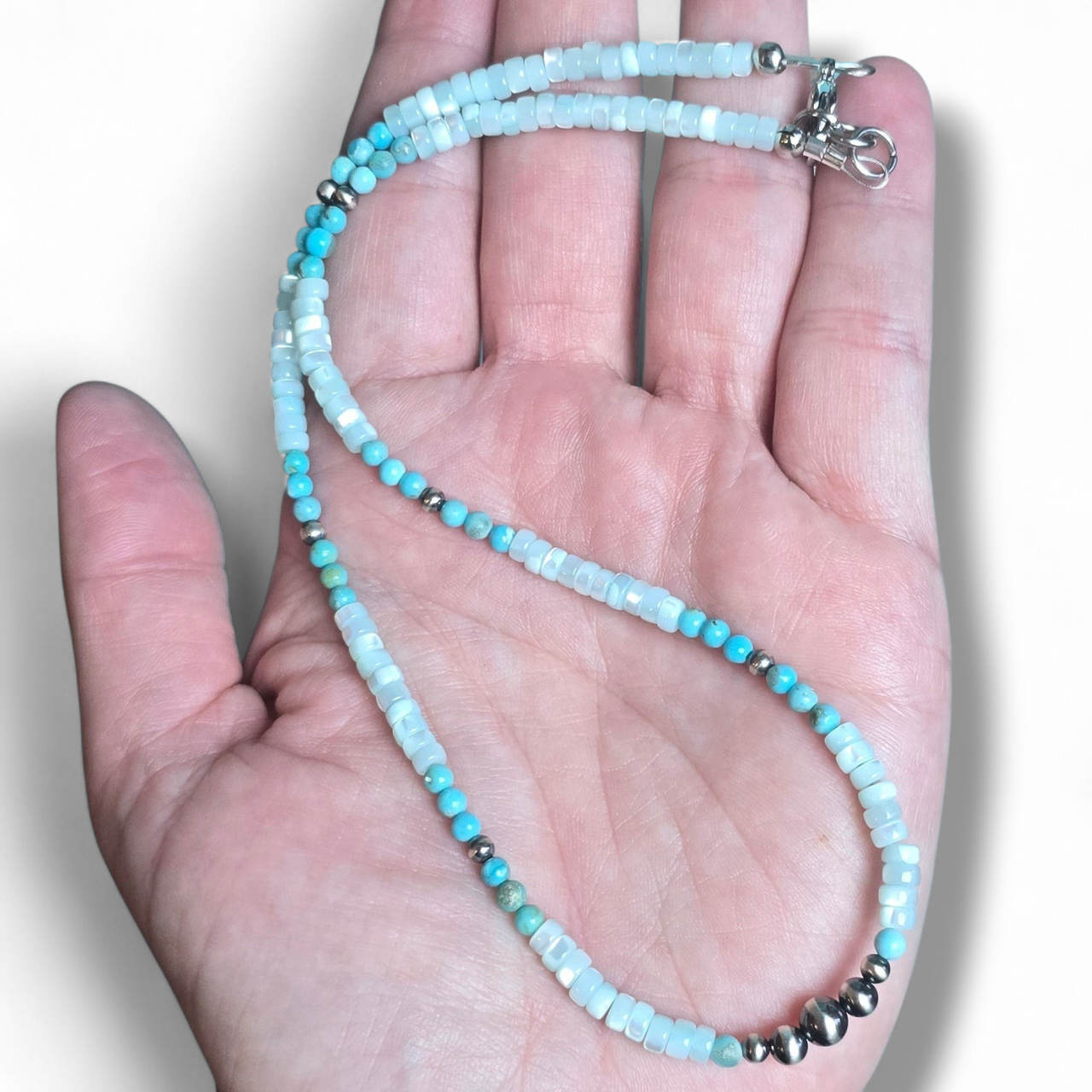 Turquoise, Blue Heishi Shell & Sterling Pearl Necklace 16 inch