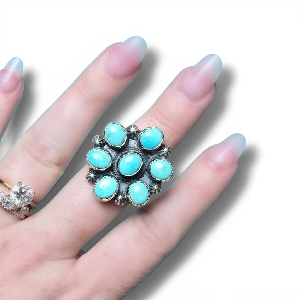 Native Made Lone Mountain Turquoise Cluster Ring Size 8 (Thick Band)