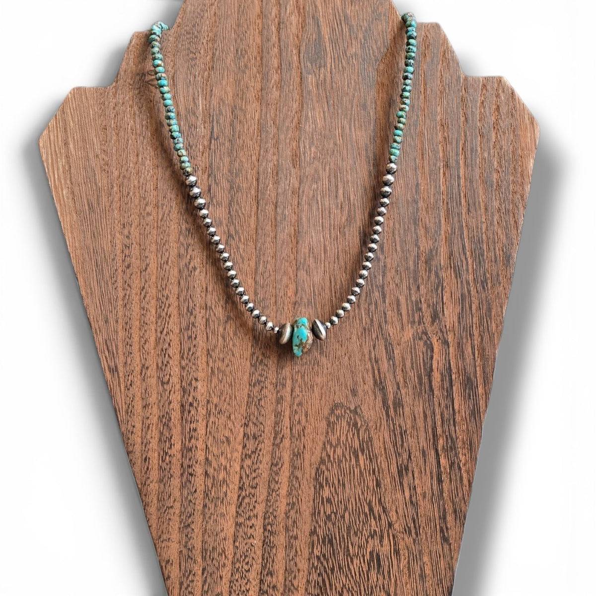 Two Center Navajo Saucers, Turquoise & Sterling Pearls Necklace 16-18 inches