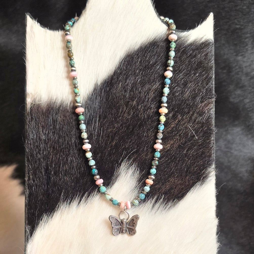 Sterling Butterfly, Pink Conch, Sterling Pearls & Turquoise Necklace 15-16 inch
