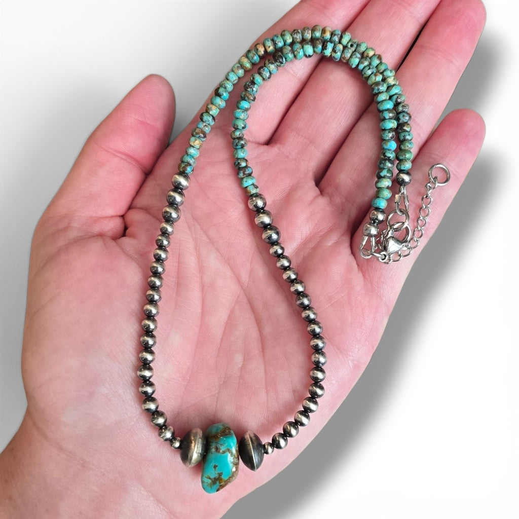 Two Center Navajo Pearls, Turquoise & Sterling Pearls Necklace 16-18 inches