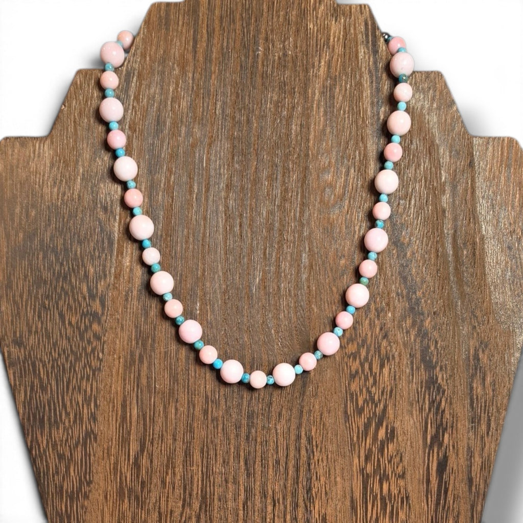 Turquoise, Pink Conch & 2 Sterling Pearls Choker