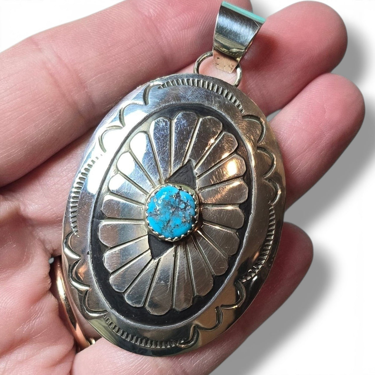 Native Made Kingman Turquoise & Sterling Concho Pendant