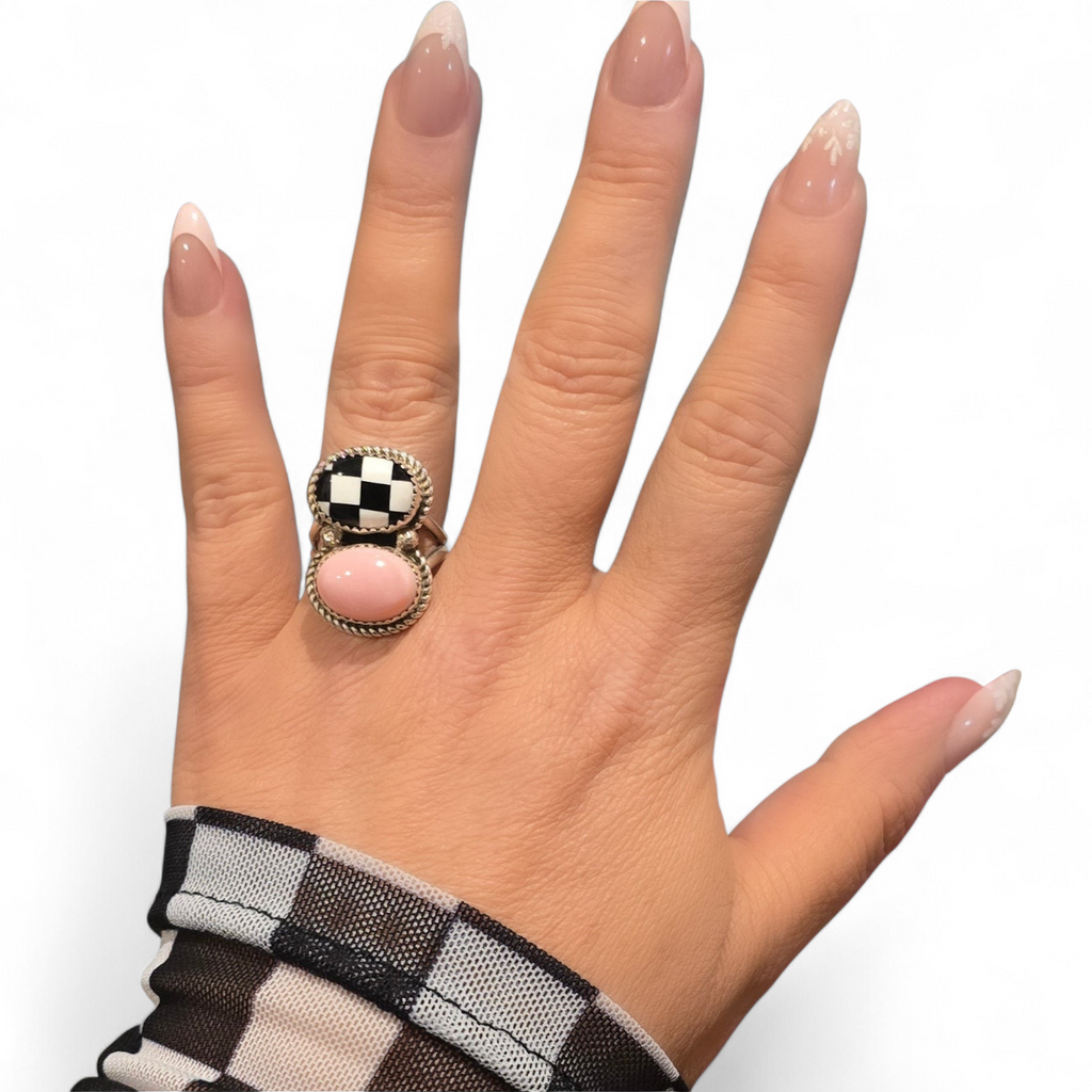Pink Conch, Checkered & Sterling Ring