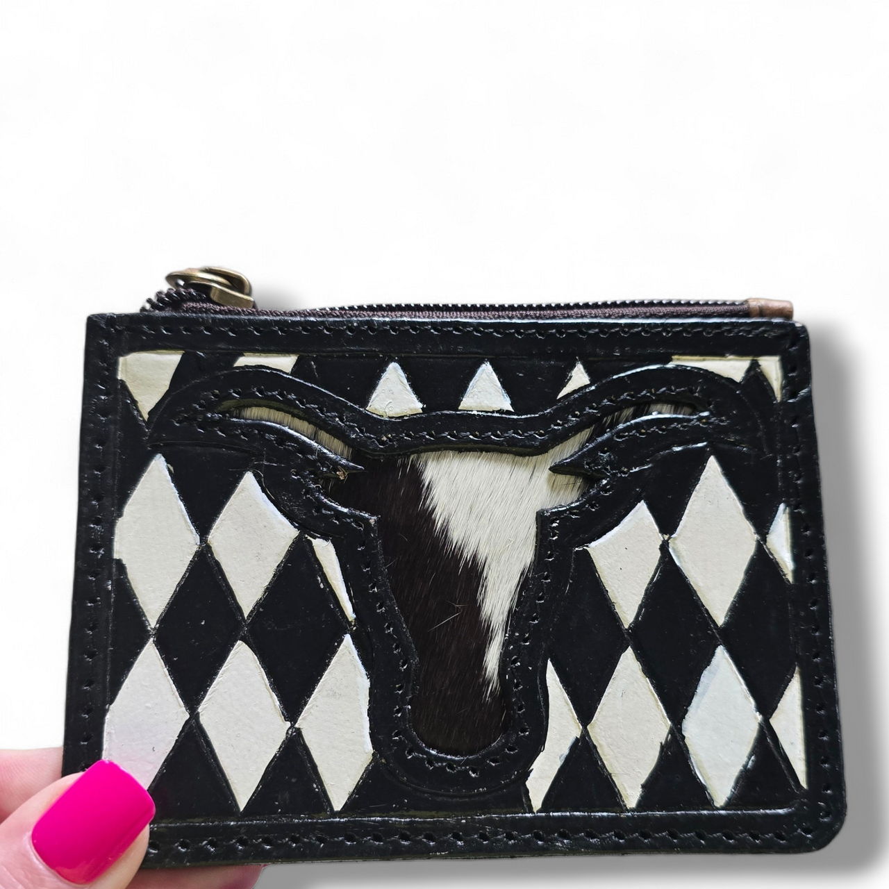 Hand Painted Black & White Longhorn Leather & Hide Credit Card Wallet