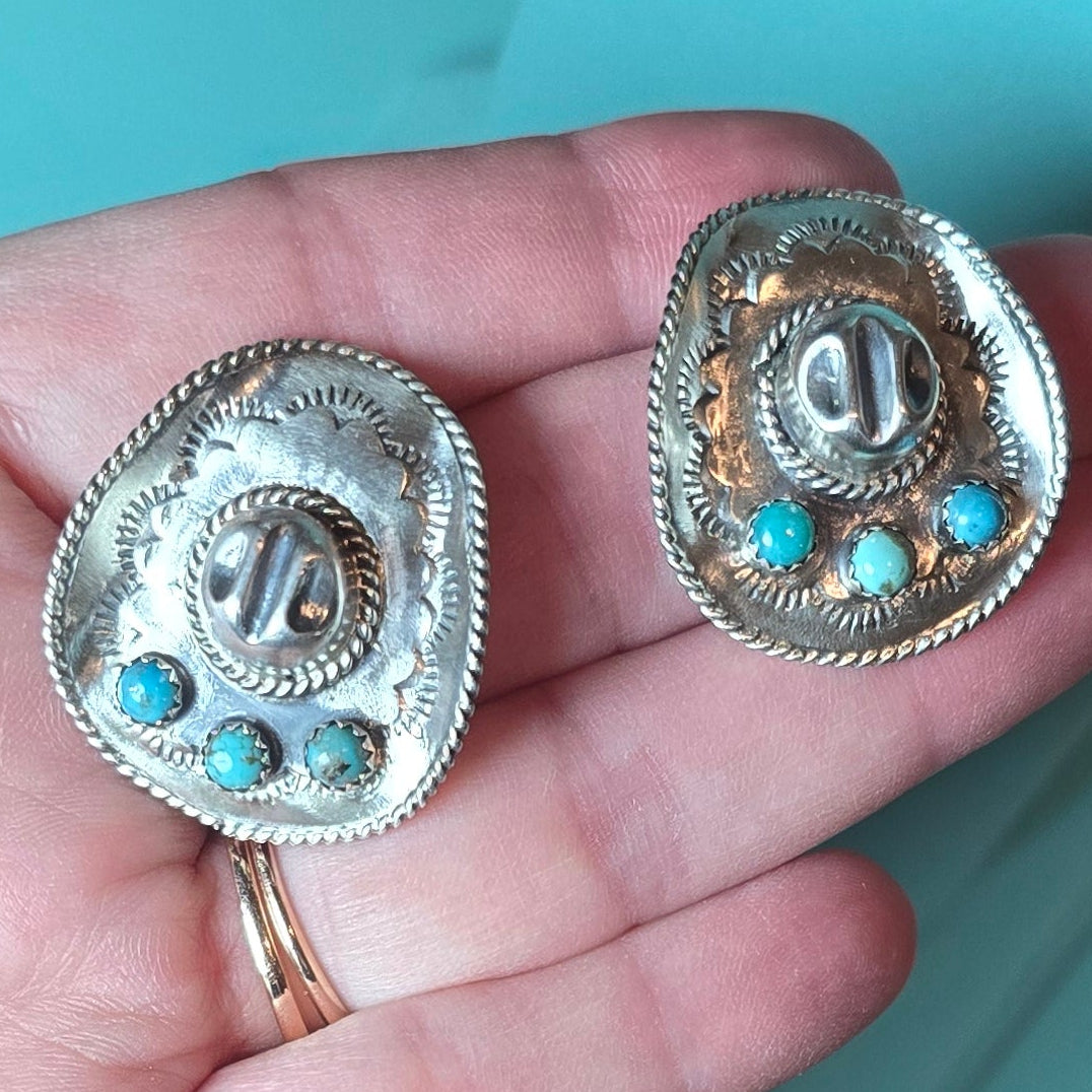 Bobby Platero Kingman Turquoise & Sterling Cowboy Hat Earrings