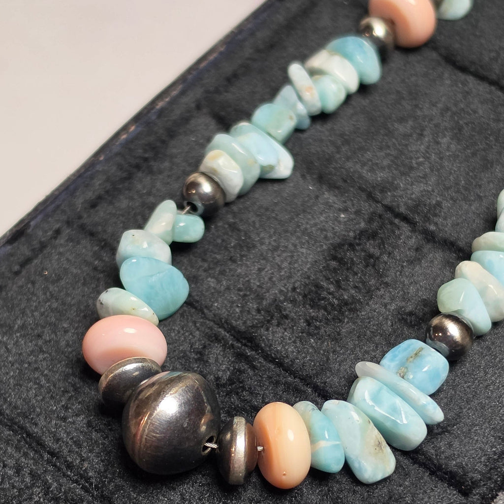 Navajo Pearl, Larimar, Pink Conch, Sterling Saucers & Sterling Pearls 14-16 inches