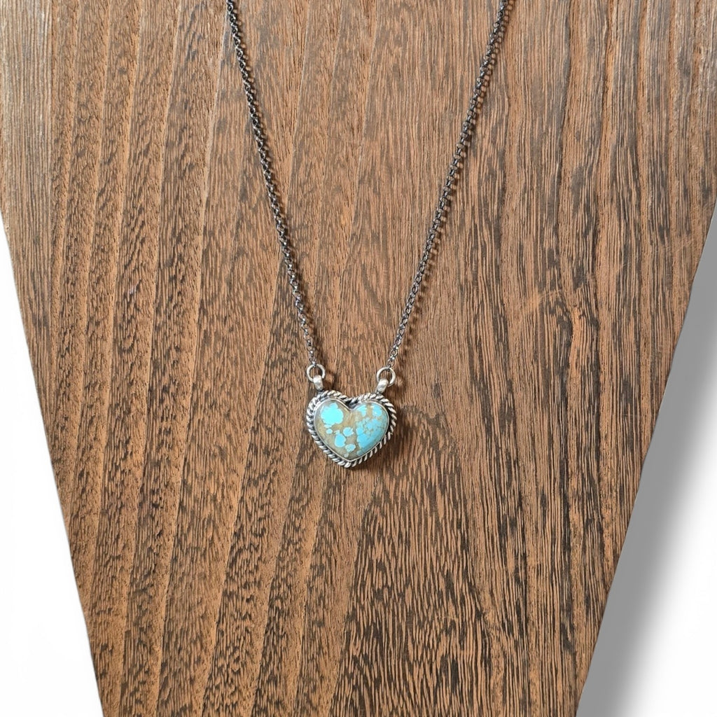 Native Made #8 Turquoise & Sterling Heart Necklace 17.5 inches