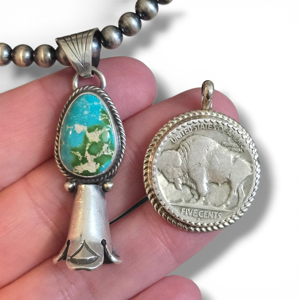 Native Made Sonoran Gold & Sterling Squash Pendant AND 5mm Sterling Pearl Necklace 16 inches