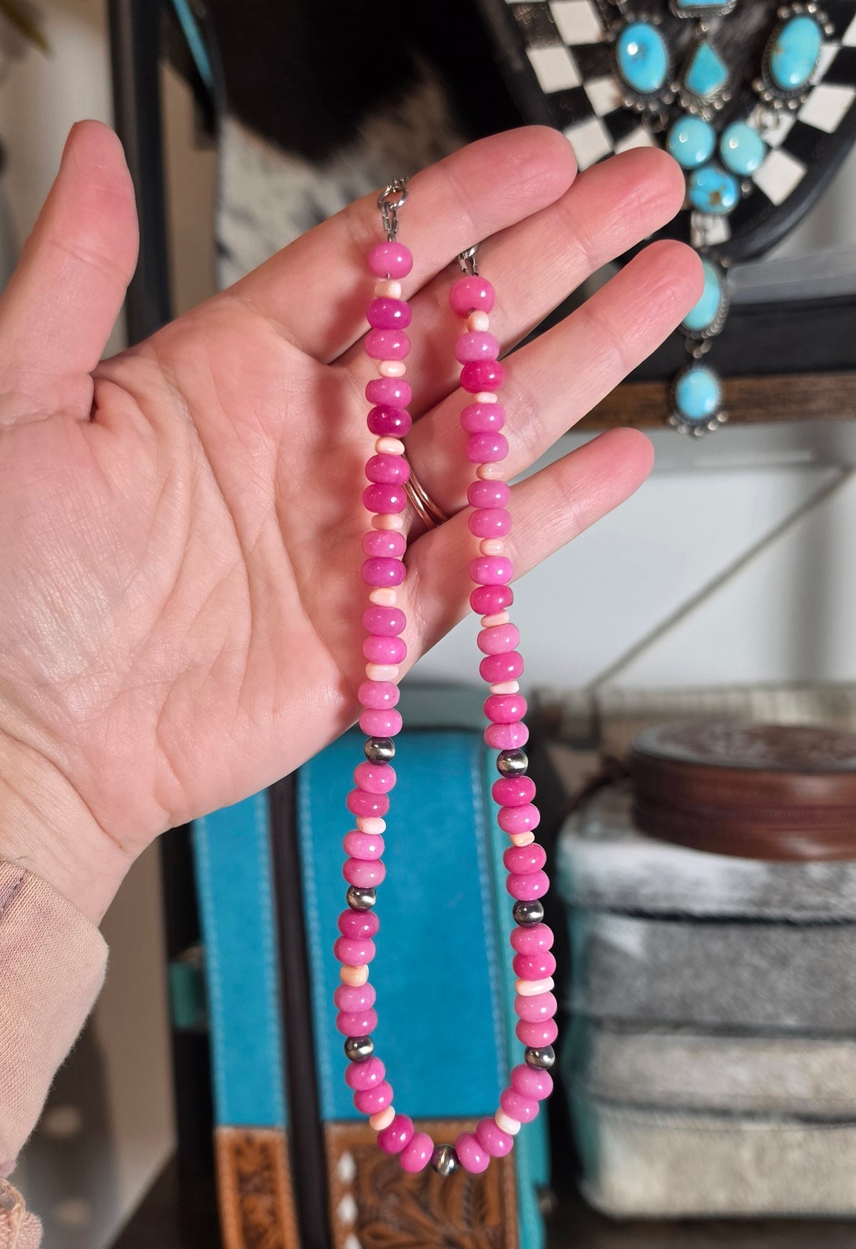 Sterling Pearls, Pink Conch & Hot Pink Agate Necklace 15-16 inches