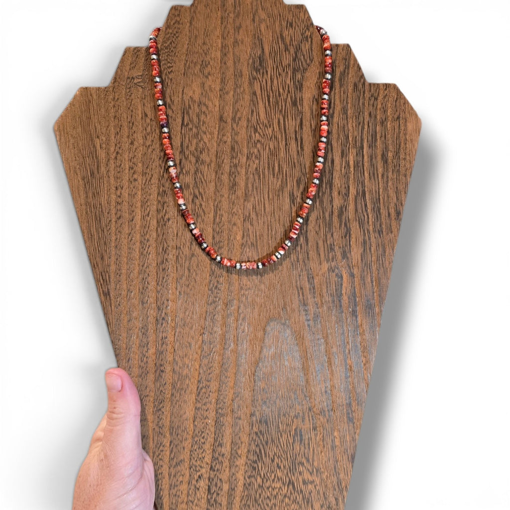 4mm Sterling Pearls & 4mm Red Spiny Oyster Beads Necklace 16 inches