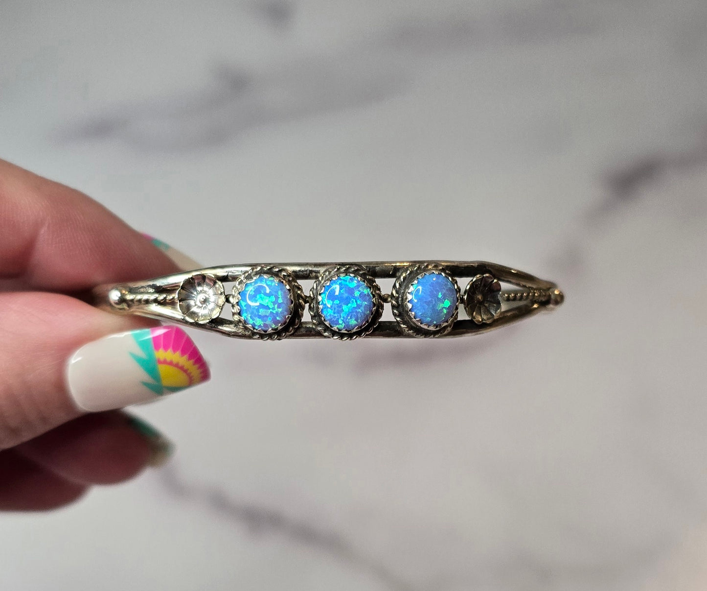 Man Made Light Blue Opal and Sterling Cuff