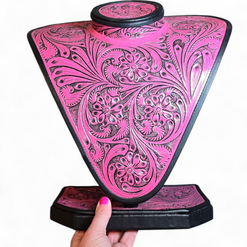 Pink Tooled Leather Necklace Display