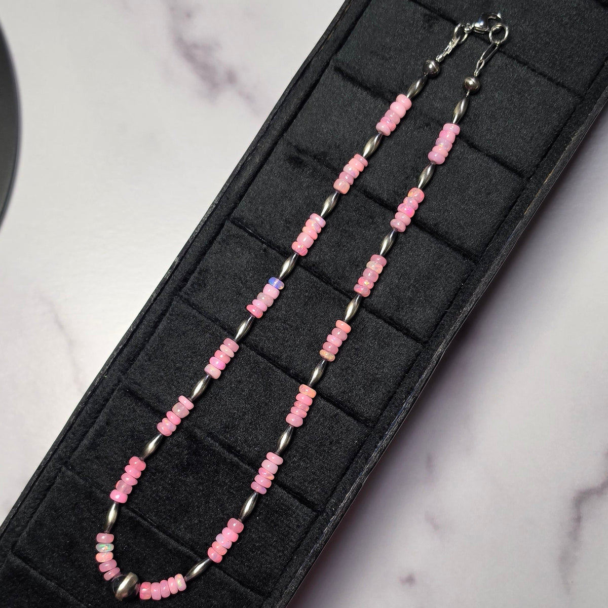 Sterling Torpedos, Sterling Pearls & Pink Ethiopian Opal Choker 15.5 inches