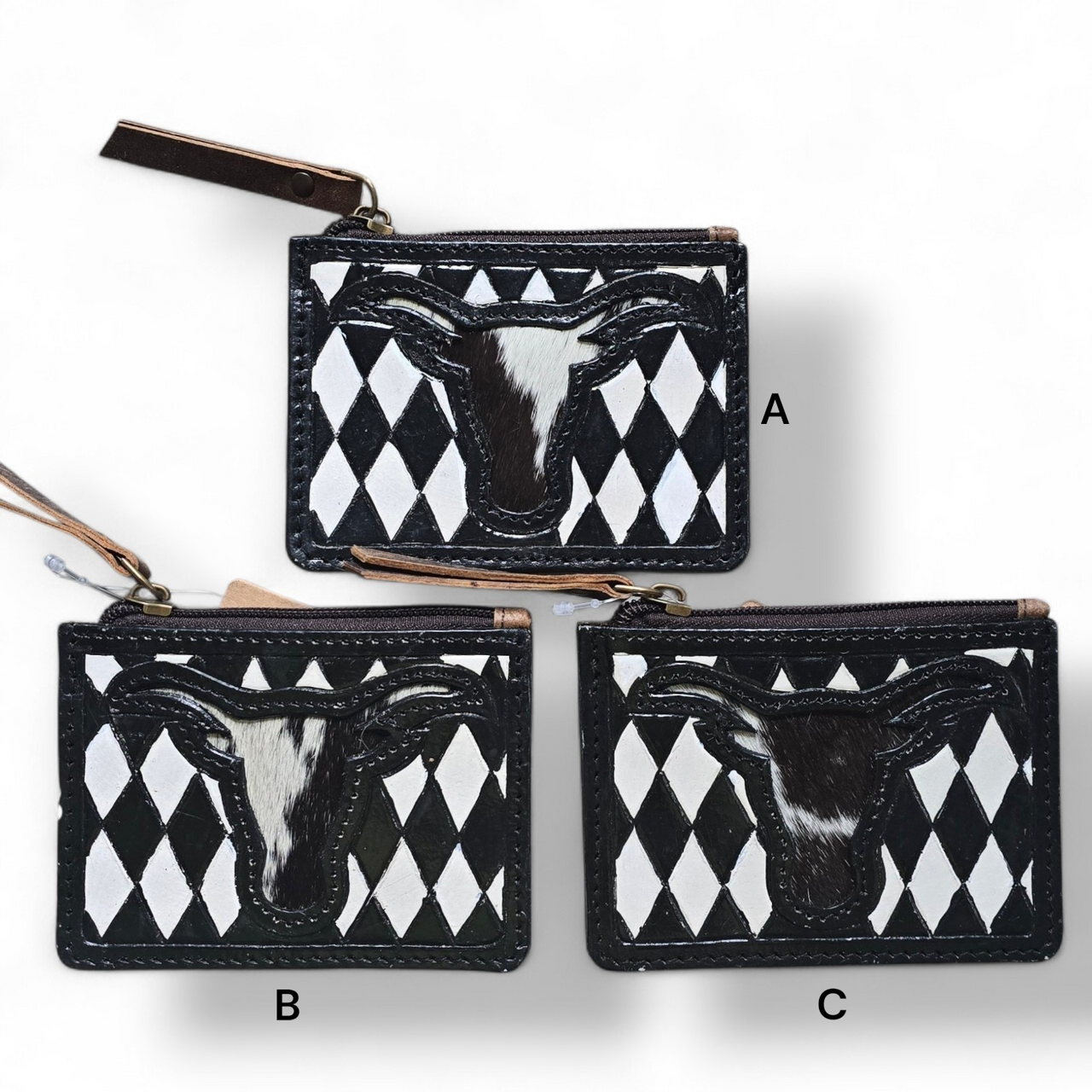 Hand Painted Black & White Longhorn Leather & Hide Credit Card Wallet