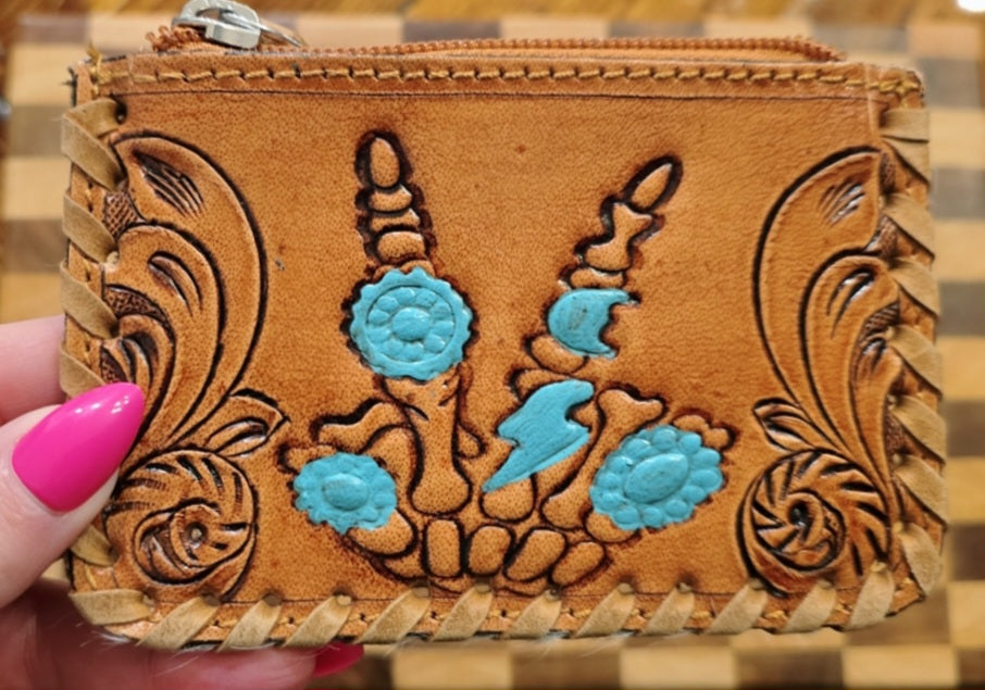 (Clearance) Hand Painted Tooled Leather & Hide Coin Purse