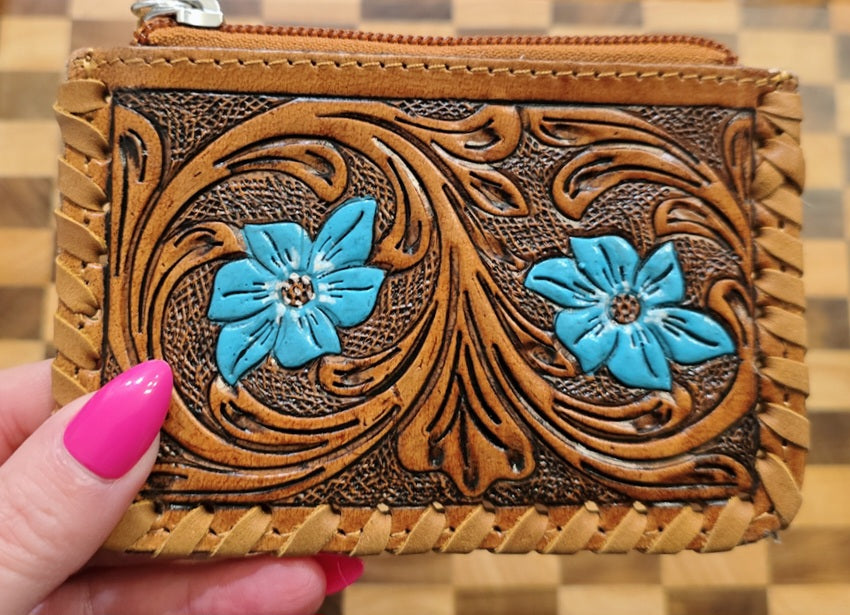 (Clearance) Hand Painted Tooled Leather & Hide Coin Purse