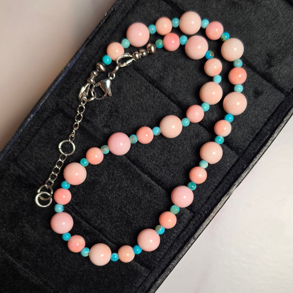 Turquoise, Pink Conch & 2 Sterling Pearls Choker