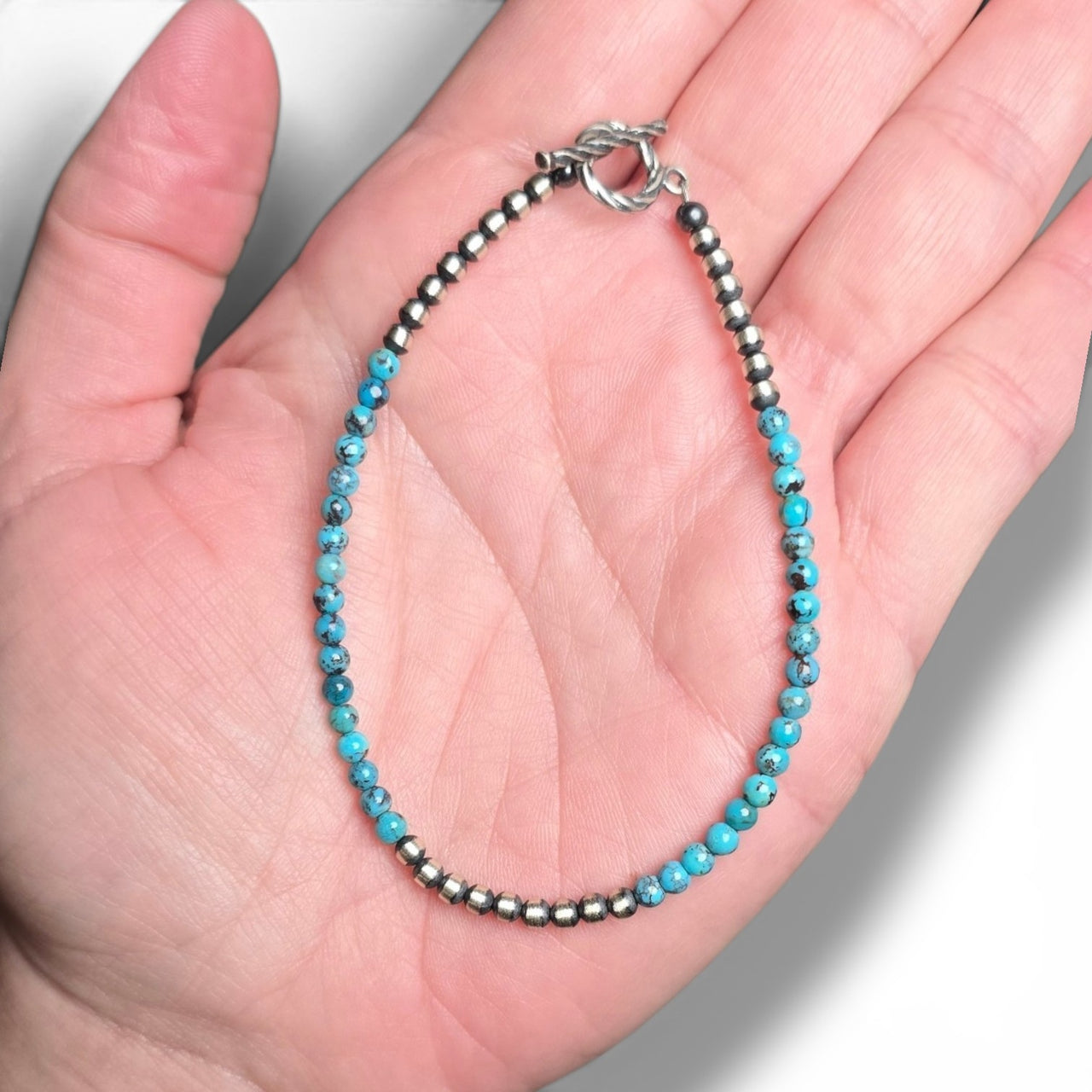Turquoise & 3mm Sterling Pearls Bracelet 7 7/8 inches