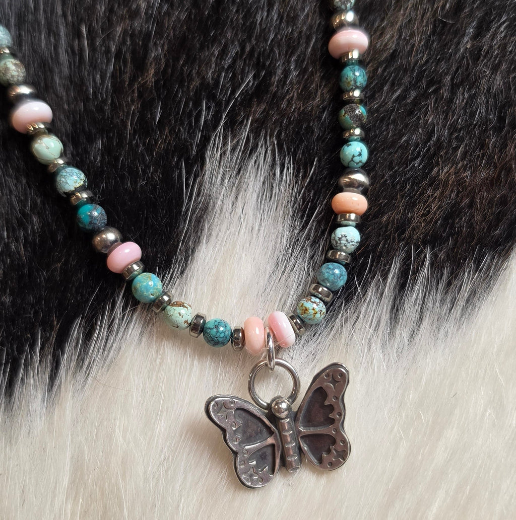 Sterling Butterfly, Pink Conch, Sterling Pearls & Turquoise Necklace 15-16 inch