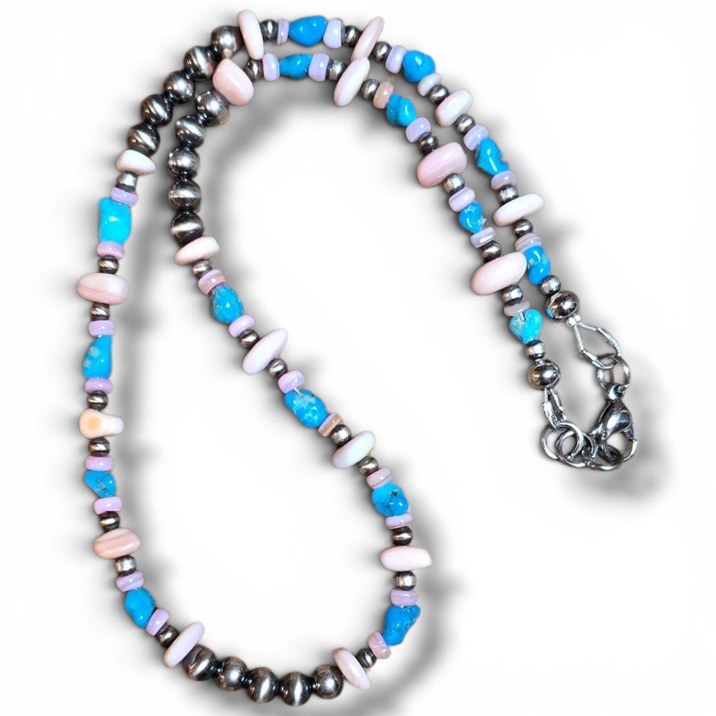Pink Conch, Kingman Turquoise & Sterling Pearl Necklace 16 - 18  inches