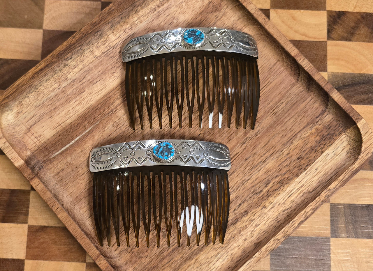 Jolene Begay Kingman Turquoise & Sterling Hair Comb Set