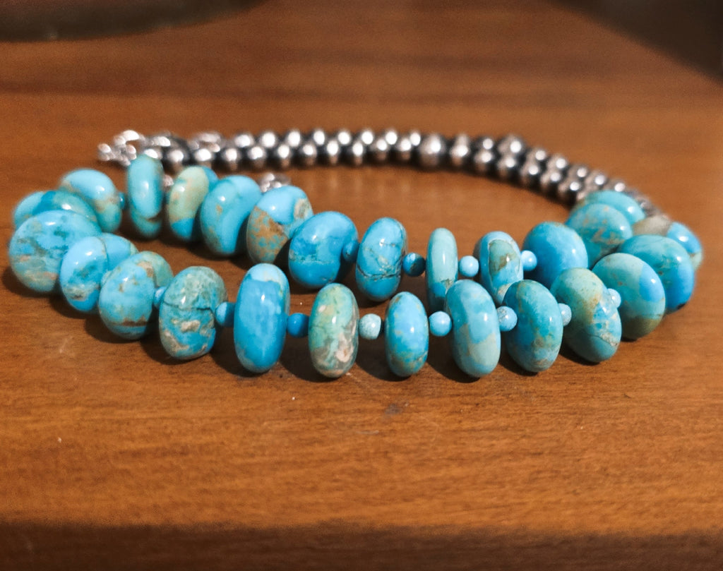 Kingman Turquoise, 5mm & 7mm Sterling Pearls Necklace