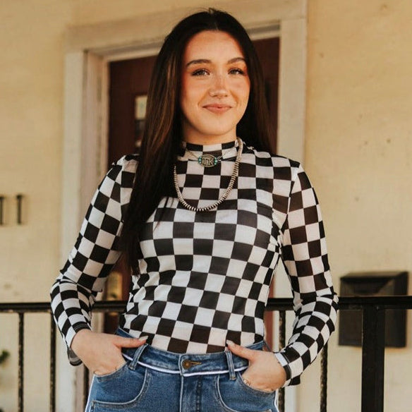 Checkered Long Sleeve Mesh Top